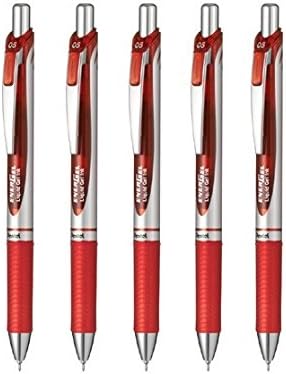 Pentel Energel Retractable Ballpoint Pen(BLN75Z-B), Extra Fine Point 0.5mm Needle Tip, Red Ink, Silver Body, Value Set of 5...