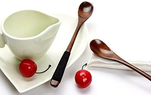 2PCS Brown Length 7.5inch Wood Coffee Tea Spoon Scoops Mixing Stirrers with Long Handle and Black Cable Tie Soup Spoons Natural Wood Rice Serving ...