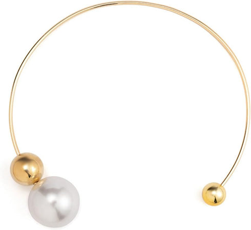 Metal Pearl Open Choker Necklace Adjustable Gold Pearl Choker Necklaces for Women Round Open Cuff Necklace Elegant Cuff Collar Necklace Statement ...