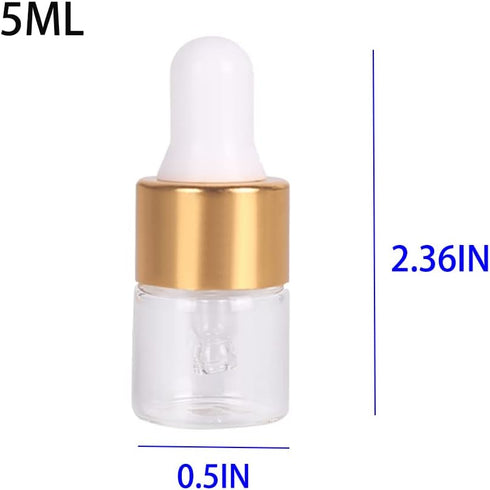 50 Clear glass Dropper Bottle 1/3/5ML Essential Oil dropper Bottle and Measuring Pipette Golden Bottle with Lid Empty tincture Bottle Perfume Cosm...