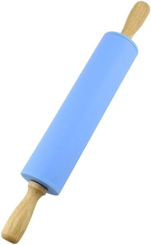 Silicone Rolling Pin Non Stick Surface Wooden Handle (Blue)...