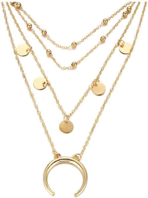 Doubnine Double Strand Necklaces Layering Horn Moon Disk Pendant 3 Way Choker Gold Sequins Chic Jewelry Accessories for Women Set of 3...