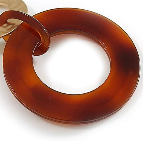 Large Matte Gold Tone, Brown Tortoise Shell Effect Double Circle Pendant with Gold Tone Chain - 76cm L/ 7cm Ext/ 10cm Pendant...