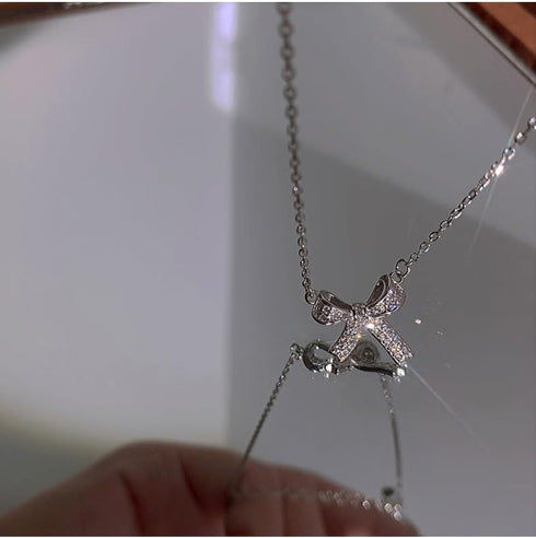 silver bow necklace, Women's bow collarbone chain, Bow necklaces for women, Bow pendant necklaces, sparkling fine rhinestone necklaces, Necklace J...
