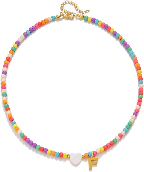 Gold Initial Necklace for Women - Handmade Bohemian Colorful Beaded Initial Stainless Steel 18K Plated Gold Choker Necklace with Heart Shells Lett...