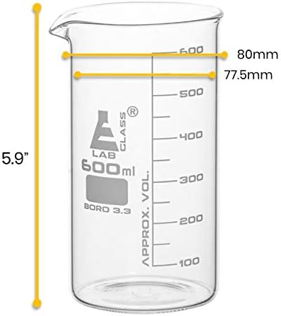 EISCO Beaker, 600ml - Tall Form with Spout - White, 50ml Graduations - Borosilicate 3.3 Glass...