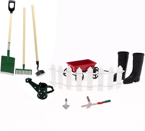 Miniature Fairy Garden Farming Tools, 9 Packs 1:12 Mini Metal Spade Pestle Rake Wagon Kettle Wood Fence Yard Supplies Scene Model Set Dollhouse De...