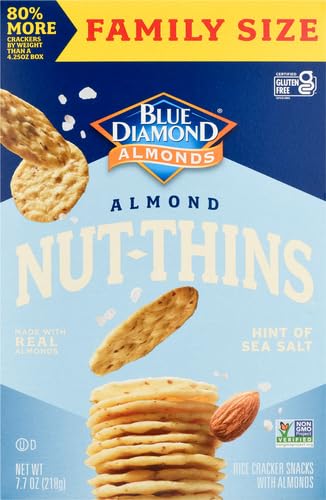 Blue Diamond Almonds Nut-Thins Gluten Free Cracker Crisps, Hint Of Sea Salt, Family Size, Sea Salt, 7.7 oz (Pack of 1)...
