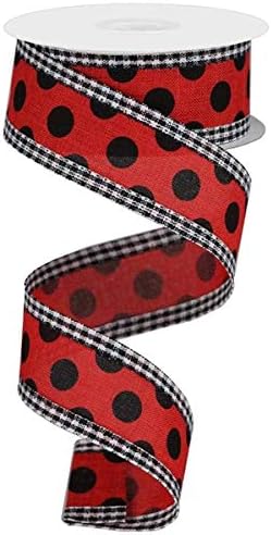 Craig Bachman 1.5" Medium Polka Dots Gingham Edge in Red & Black (10 Yards) - Durable Wired Edge for Effortless Crafting, Ideal for Floral Arrange...