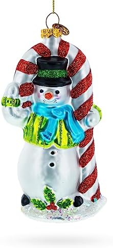 Snowman with The Mint Candy Cane Glass Christmas Ornament...
