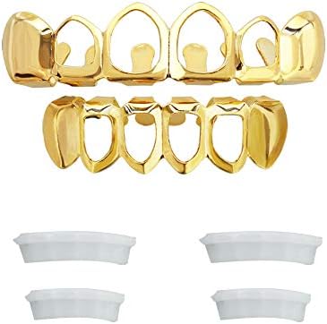 Open Face Grillz Teeth 24k Gold Grillz Plated Caps New Custom Fit Top & Bottom Grill Set for Kids + Extra Molding Bars + Microfiber Cloth...