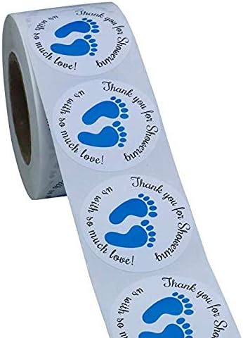 Gender Neutral Baby Shower Stickers?Thank You for Showering Us with So Much Love Round Labels Blue Baby Footprint Stickers,...