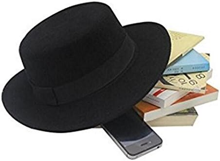 Fashion Black Wool Blend Flat Brim Elegant Fedora Hat Panama Style Bowler Cap Jazz Hat with Belt for Winer Autumn...
