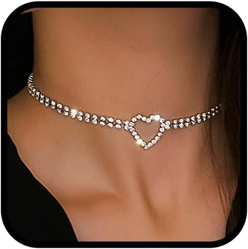 CLOACE Rhinestone Choker Necklaces Silver Heart Necklace Sparkly Tennis Chain Party Prom Neck Jewelry for Women...