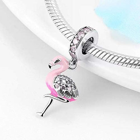 YUHE Pink Flamingo Charm 925 Sterling Silver Beads with Clear CZ Fit Women Pandora Style Bracelet,for Thanksgiving/Christmas Day...