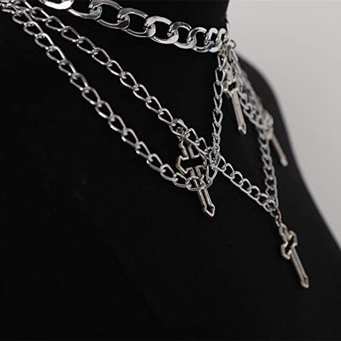 COLORFUL BLING Goth Cross Choker Necklace Gothic Layered Chunky Pendant Necklaces Egirl Silver Plated Long Multilayer Chains 40 inches For Women T...