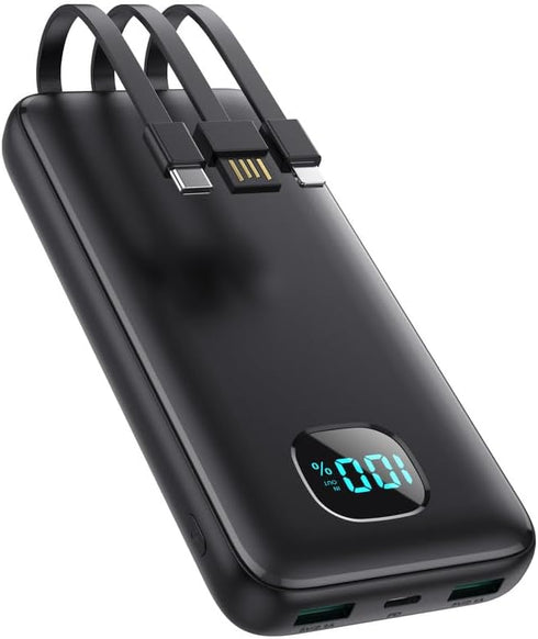 Portable Charger with Built-in Cables, Ultra Slim 13800mAh PD 3.0A USB-C Power Bank, LCD Display Battery Pack Compatible with iPhone 15/15 Plus/15...