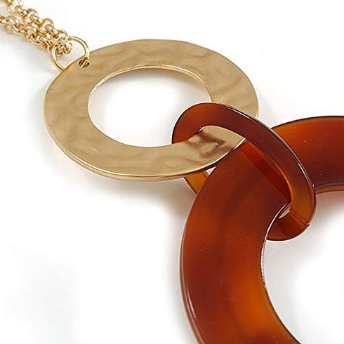 Large Matte Gold Tone, Brown Tortoise Shell Effect Double Circle Pendant with Gold Tone Chain - 76cm L/ 7cm Ext/ 10cm Pendant...