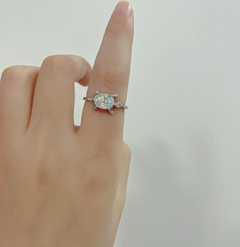 Cultured Opal Turtle Open Statement Ring Cubic Zirconia Crystal Sea Animals Pets Adjustable Stacking Finger Band Promise Eternity Wedding Expand R...