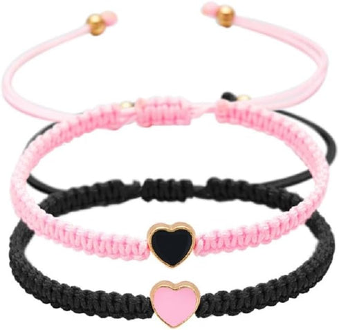 Set of 2 Colorful Heart Beaded Matching Bracelets for Couples and Friendships Pinky Promise Heart Braided Leather Rope Bangle Wrist Adjustable Bra...