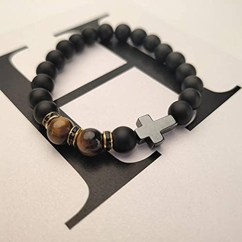 YangQian Cross Bracelet for Men Tiger Eye Catholic Rosary Bracelet for Men Boys Adjustable Natural Crystal Stone Bead Anti Anxiety Stretch Bracele...