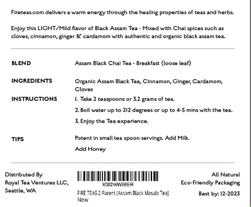 FIRE TEAS Organic Assam Breakfast Tea - Assam Black Tea, Cinnamon, Ginger, Cardamom, Cloves -...
