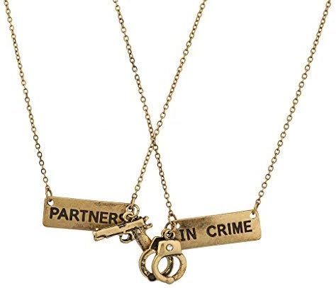 LUX ACCESSORIES Partners in Crime Handcuff Hand Cuff Gun BFF Best Friends Forever Matching Necklace Set...