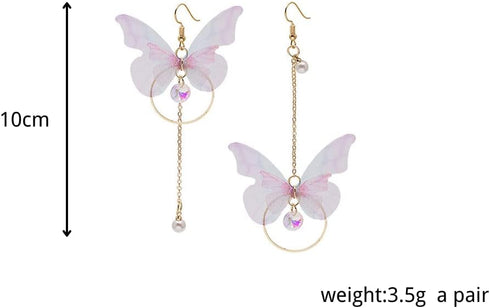Temperament Long Butterfly Chain Tassel Drop Dangle Earrings for Asymmetric Pearl Circle Pendants Earrings Colored Tulle Butterfly Wings Earrings...
