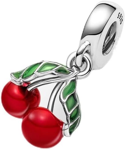 Asymmetrical Cherry Fruit Dangle Charm 925 Sterling Silver Pendant,Girl Jewelry Bead Gift for Women Bracelet&Necklace...