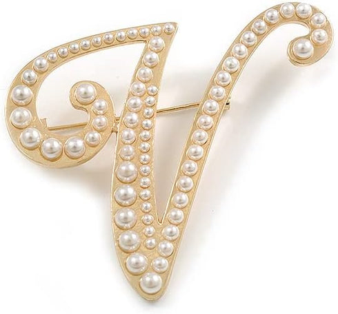 V' Large Gold Plated White Faux Pearl Letter V Alphabet Initial Brooch Personalised Jewellery Gift - 55mm Tall...
