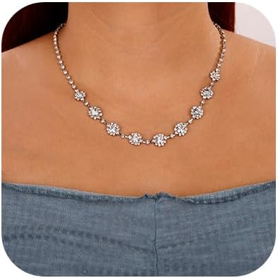 Denifery Bride Silver Bridal Necklace Earrings Set Crystal Wedding Jewelry Set Rhinestone Choker Necklace for Women (Style C)...