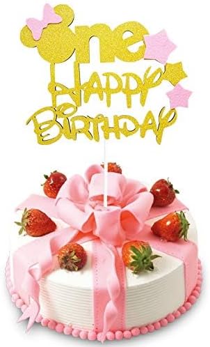 Glitter Gold Pink One Cake Topper for Girls First Birthday Minnie Party Cake Decorations...