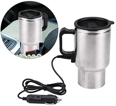 12V Car Heating Cup 450ML Stainless Steel Electric Car Kettle Boiler Portable Coffee Tea Warmer Cup Thermoses Powered by 12V Cigarette Lighter Plu...