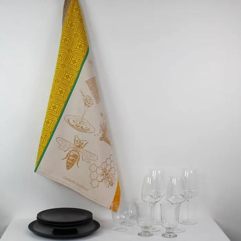 Garnier Thiebaut Miel Et Abeilles Ocre (Honey and Bees) French Kitchen Towel 22"x30", Cotton, Jacquard...