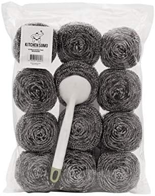 Stainless Steel Sponges Scourer Set with Handle 40 gram - Pack of 12 - Large Stainless Steel Scrubbers - Metal Scouring Pads - Kitchen Cleaning To...