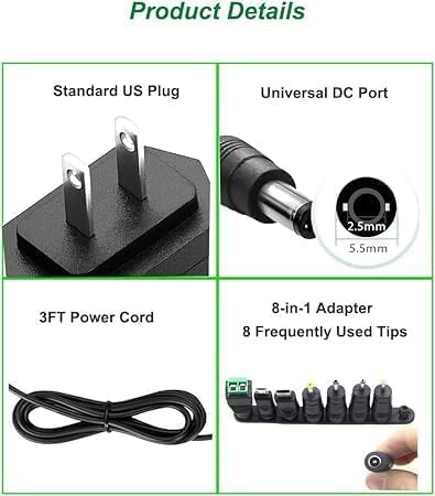 6V 1A Power Supply?100-240V Adapter 5.5x2.5mm 2.1mm DC tip with 8T?50-60Hz?6 Volt 1000mA Supply for Monitor Baby,LED Light Strings,Wireless Router...