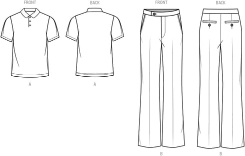 Know Me Men's Short Sleeve Polo Shirt and Slim Fit Bell Bottom Pants Sewing Pattern Kit, Design Code ME2035, Sizes 34-36-38-40-42...