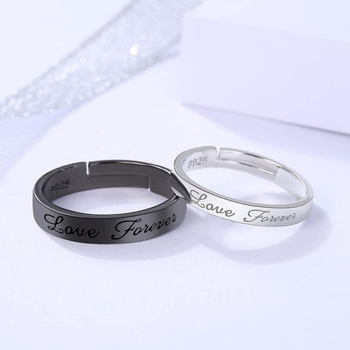 Matching Promise Rings for Couples Love Forever Wedding Bands Sets for Him and Her Black White Sterling Silver Plated Open Adjustable Stackable Ri...