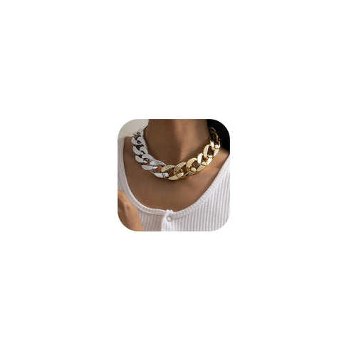 Punk Cuban Link Chain Choker Necklace Lightweight Chunky Necklace Oval Chain Link Necklace Hip Hop Jewelry for Women (Gold+Silver)...