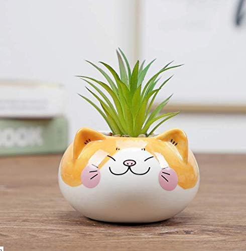 Cute 3.5 Inches Indoor Cartoon Animal Cat Shaped Ceramic Succulent Cactus Flower Plant Pots with Bamboo Tray (Plant Not Included) (Yellow)...