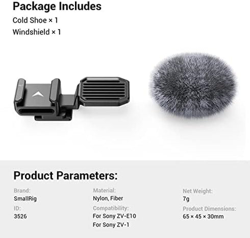 SmallRig Cold Shoe Adapter with Windshield for Sony ZV-1 II/ZV-1 / ZV-1F / ZV-E1 / ZV-E10-3526...