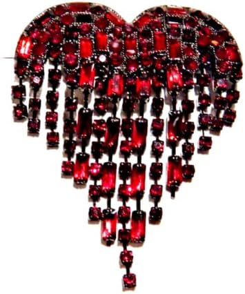 RED BLEEDING HEART CRYSTAL LAVALIER BROOCH bloody tassel drop dark gothic Valentine's Day pin...