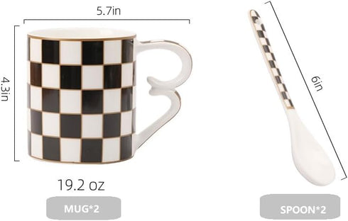 Porlien Checker Porcelain 18-ounce Mug Set of 2 with Teaspoon, Coffee Mugs Tea Cups...