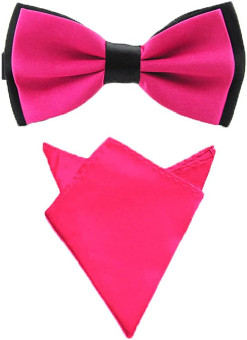 Men Satin Solid Black Color Pre-tied Tuxedo Bowtie Bow Tie Handkerchief Pocket Square Set...