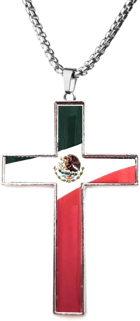Stainless Steel Puerto Mexican Flag Cross Pendant Necklace - - Patriotic Religious Jewelry for Men or Women. 24 inch Stainless Steel Chain - Colla...