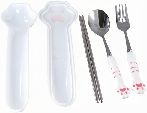 3 Piece Cartoon Cute Cat Claw Spoon Fork Chopstick Set Outdoor Camping Portable Tableware Set(pink)...