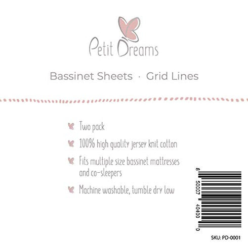 Bassinet Sheet Jersey Knit Cotton for Baby Girl Flexible Fit for Multiple Size Bassinet Mattresses & Mini Co-Sleepers, Dotted Stripes & Grid Lines...