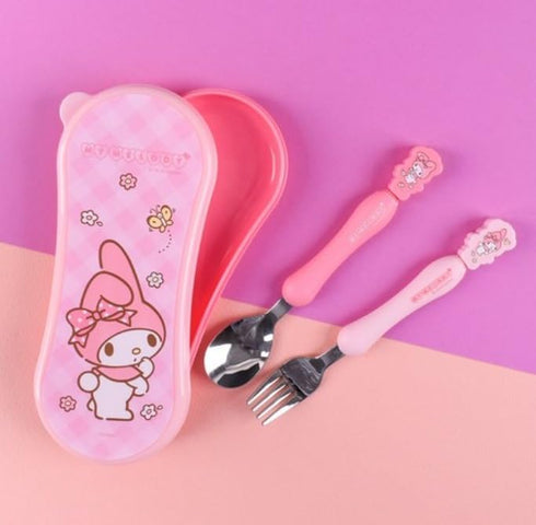 Cute Pink Melody Fork and Spoon Flatware Set with Case, Tableware Set with Cute Figure, Medium...