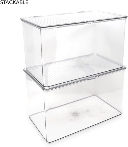 Isaac Jacobs Large Stackable Organizer Bin (10.75” x 6.5” x 6.1”) w Hinged Lid Clear Storage Box Home Office School Fridge Bathroom Kitchen Pantry...