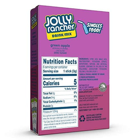 SINGLES TO GO! Jolly Rancher Green Apple, 6 Boxes with 6 Packets each, 36 total servings...